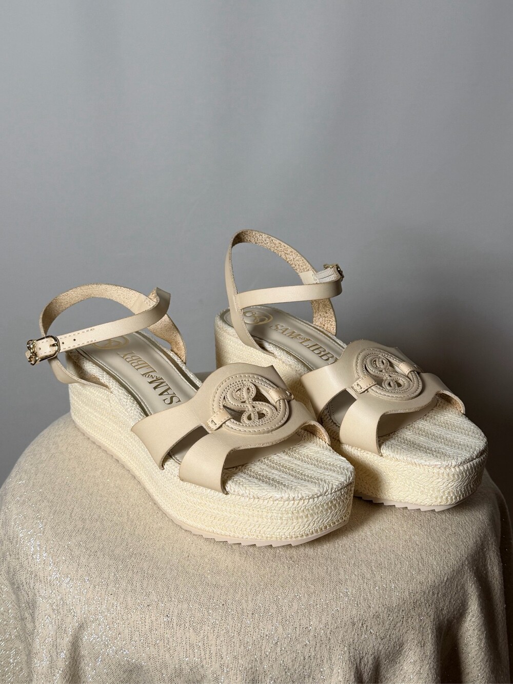 Sam & Libby Women's Platform Espadrille Wedge Sandals Cream Ankle Strap